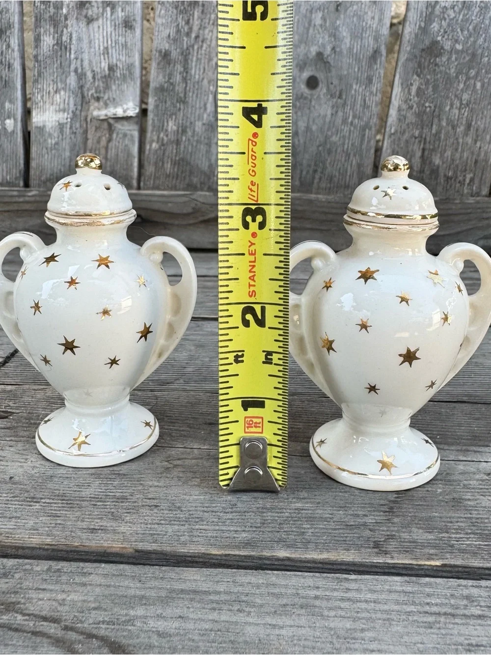 Noritake White Ceramic Star-Accented Salt & Pepper Shakers with Gold Trim